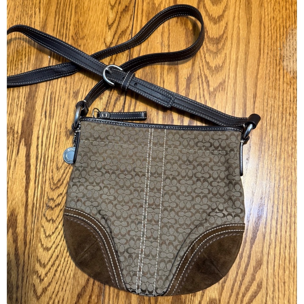 Vintage Coach Mini Signature Jacquard Suede Crossbody Bag Brown Y2K